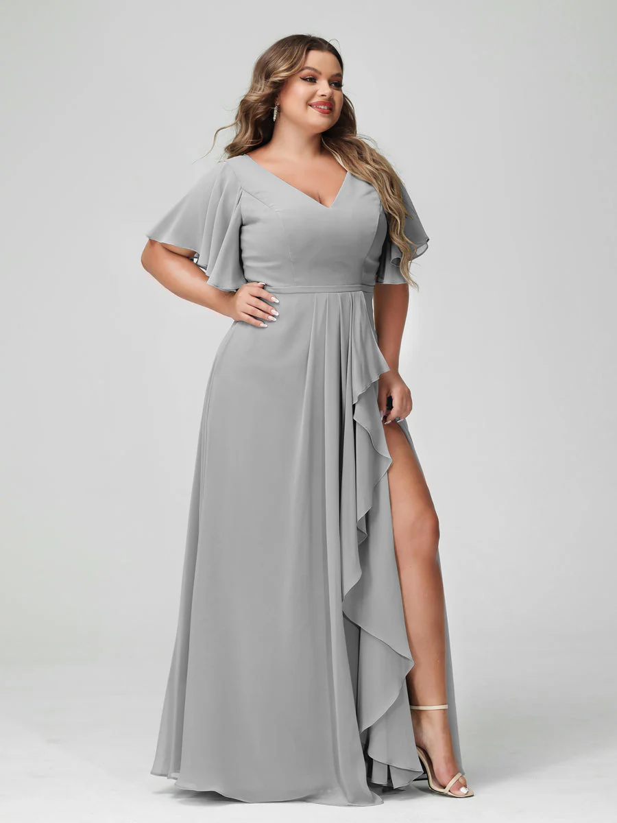 A-Line/Princess V-Neck Half Sleeves Chiffon Ruffles Plus Size Bridesmaid Dresses with Split Side - Image 22