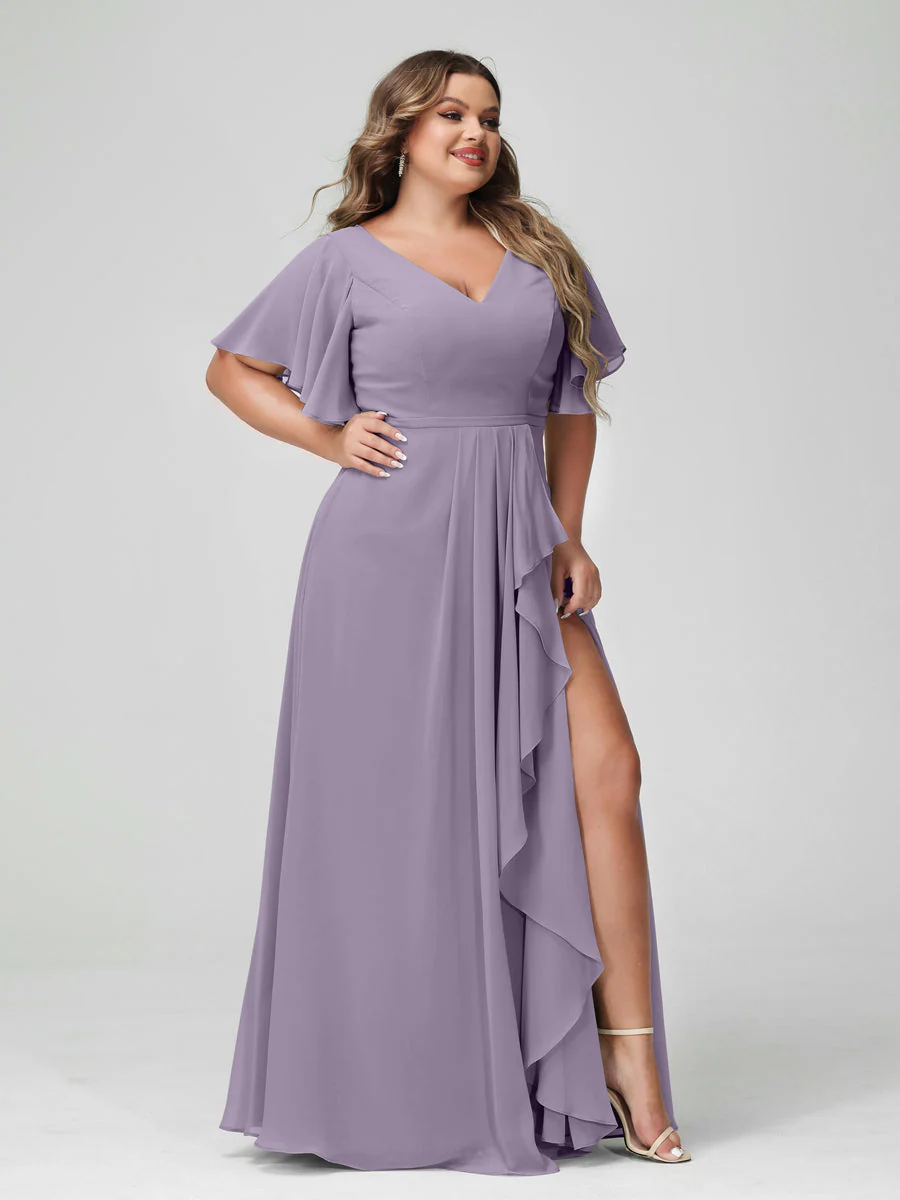 A-Line/Princess V-Neck Half Sleeves Chiffon Ruffles Plus Size Bridesmaid Dresses with Split Side - Image 39