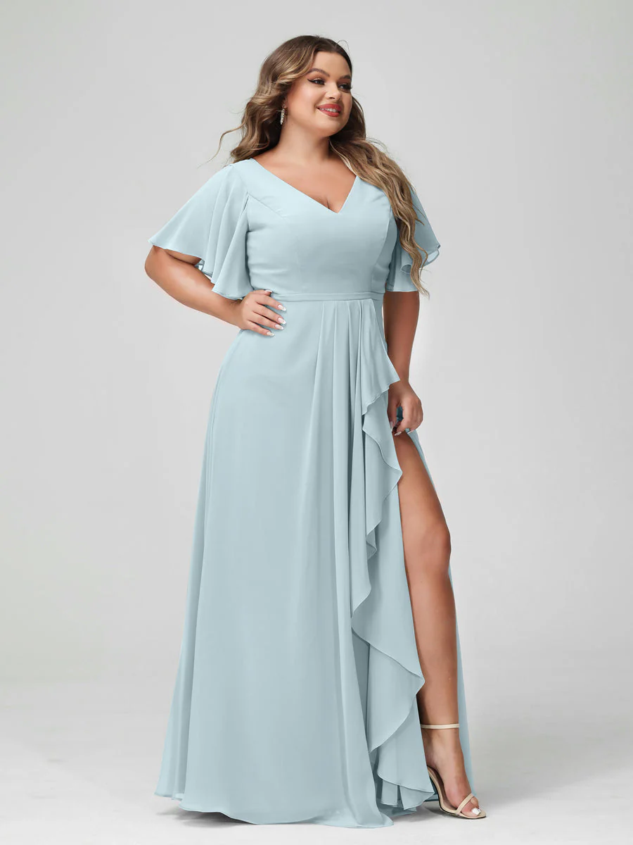 A-Line/Princess V-Neck Half Sleeves Chiffon Ruffles Plus Size Bridesmaid Dresses with Split Side - Image 47