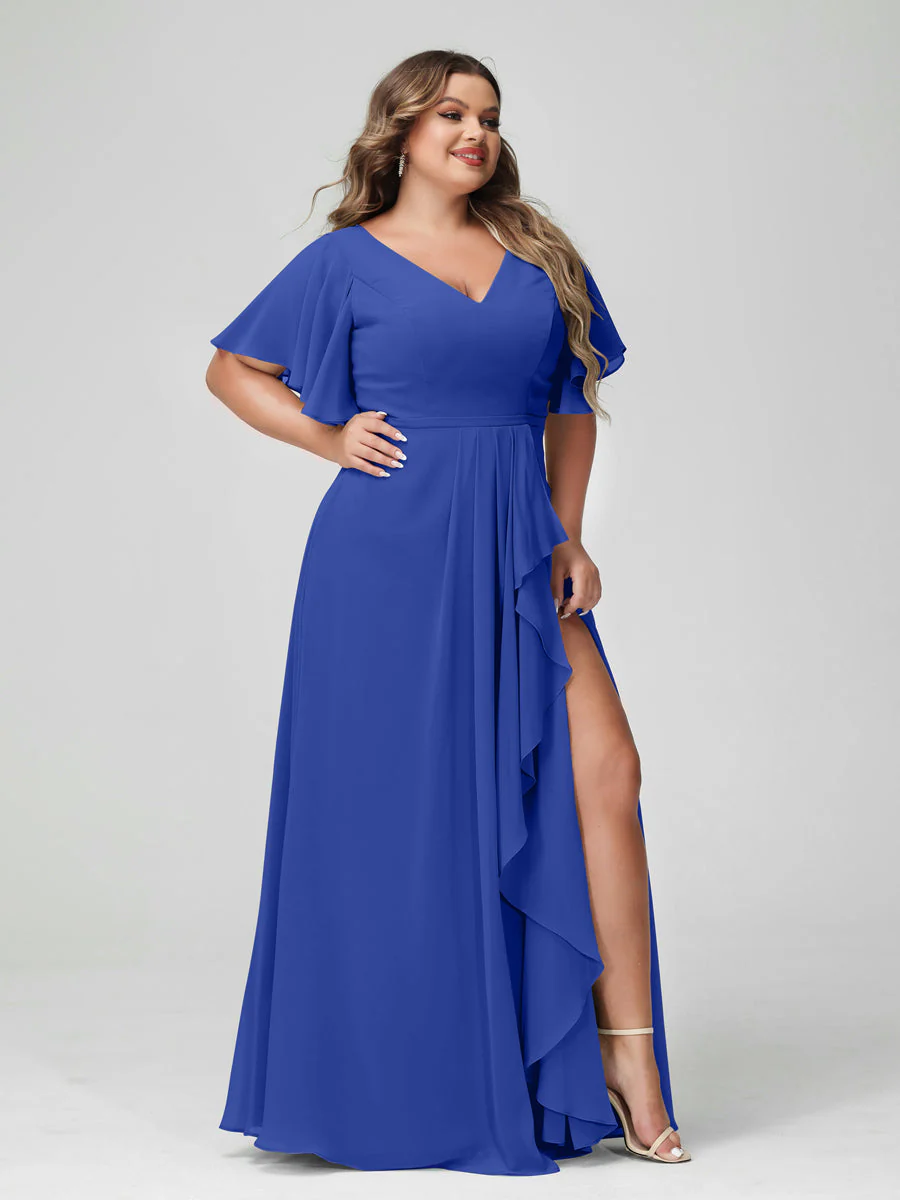 A-Line/Princess V-Neck Half Sleeves Chiffon Ruffles Plus Size Bridesmaid Dresses with Split Side - Image 54
