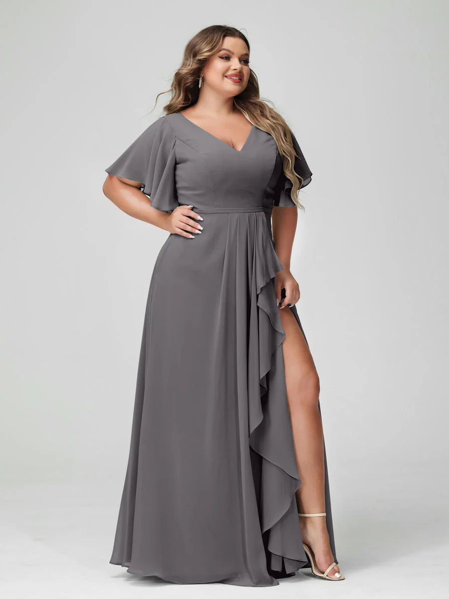 A-Line/Princess V-Neck Half Sleeves Chiffon Ruffles Plus Size Bridesmaid Dresses with Split Side - Image 74