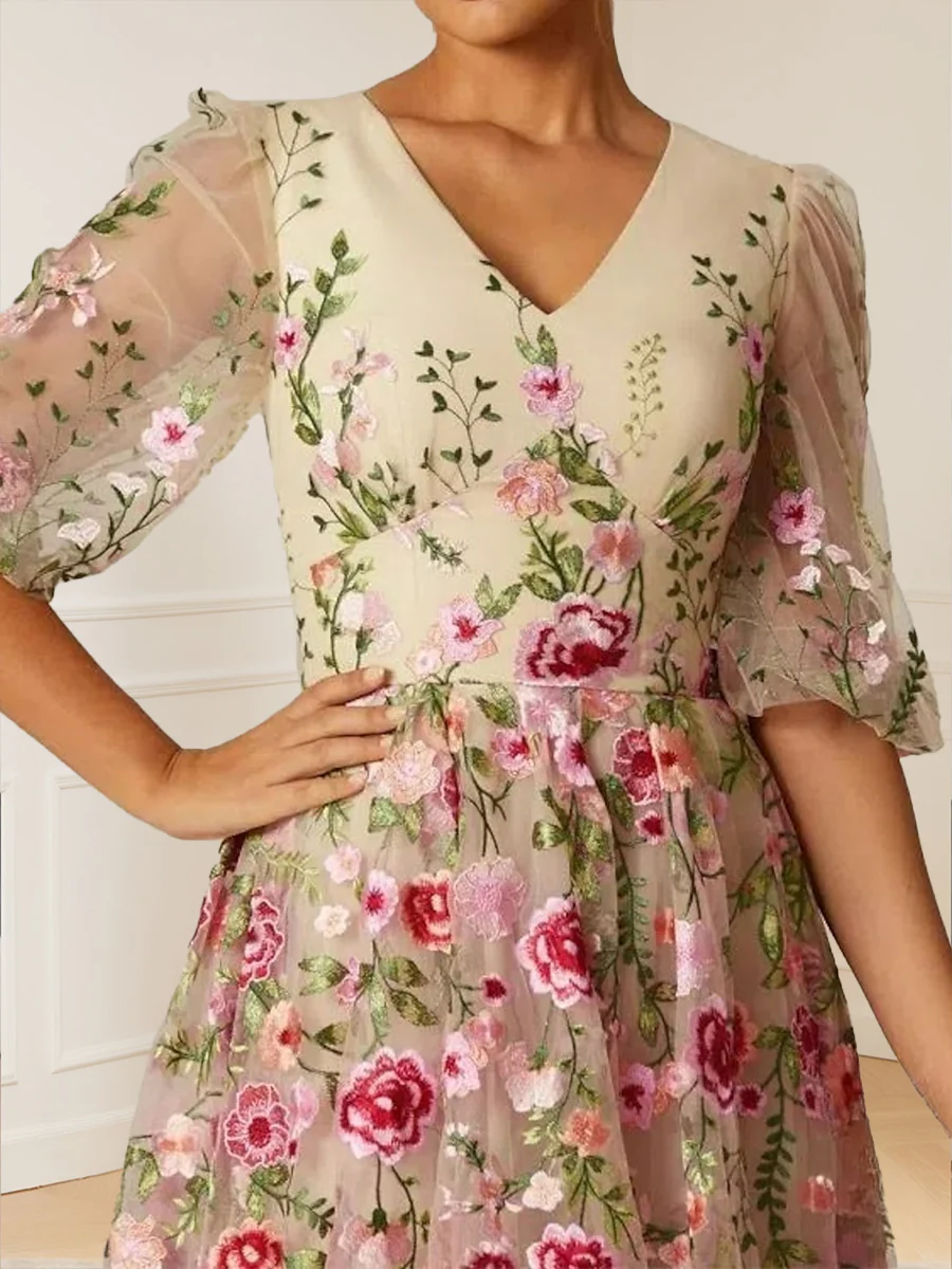A-Line/Princess V-Neck Half Sleeves Floor-Length Floral Mother of the Bride Dresses - Image 4