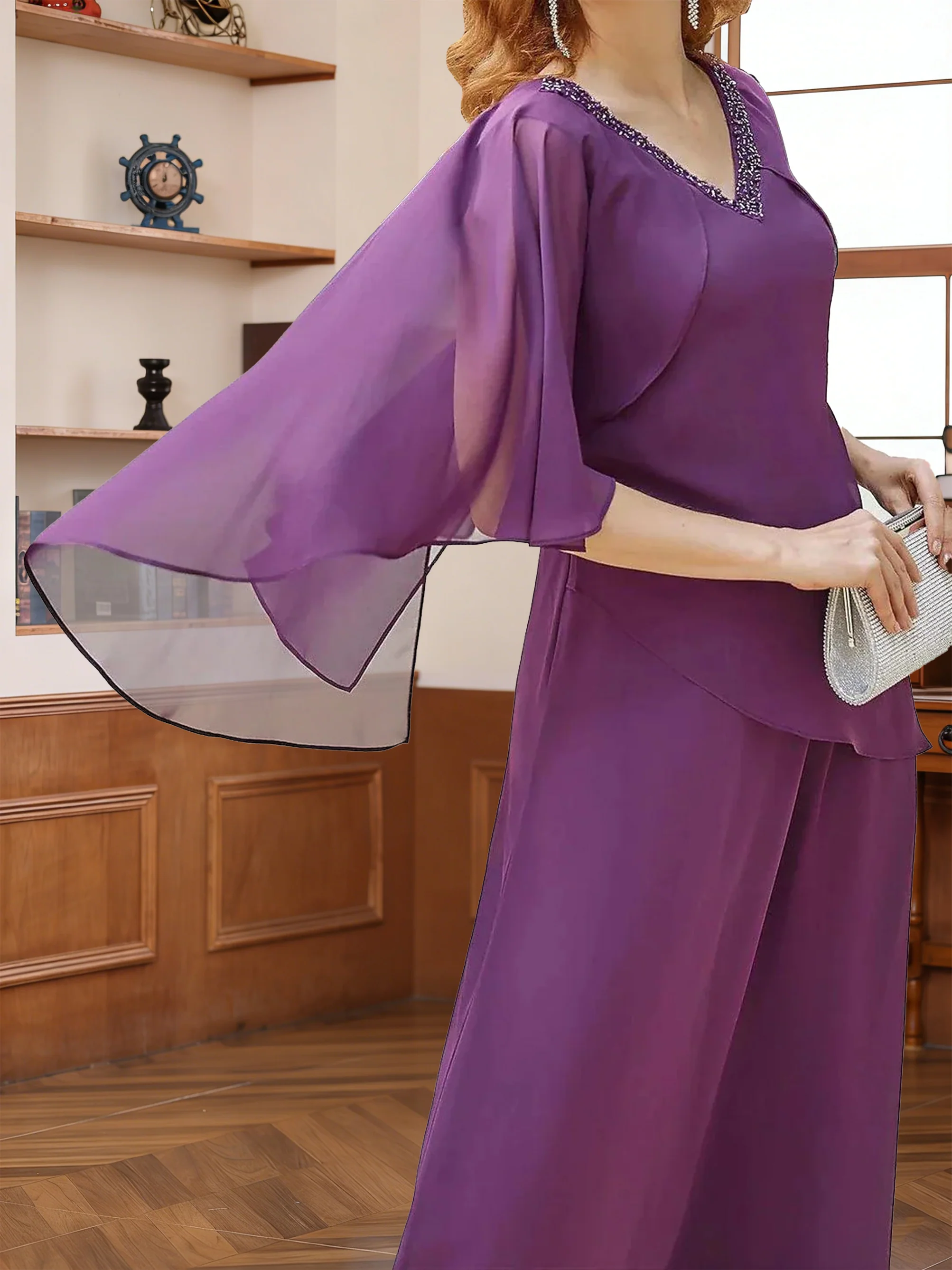 A-Line/Princess V-Neck Half Sleeves Floor-Length Mother of the Bride Dresses with Beading - Image 3