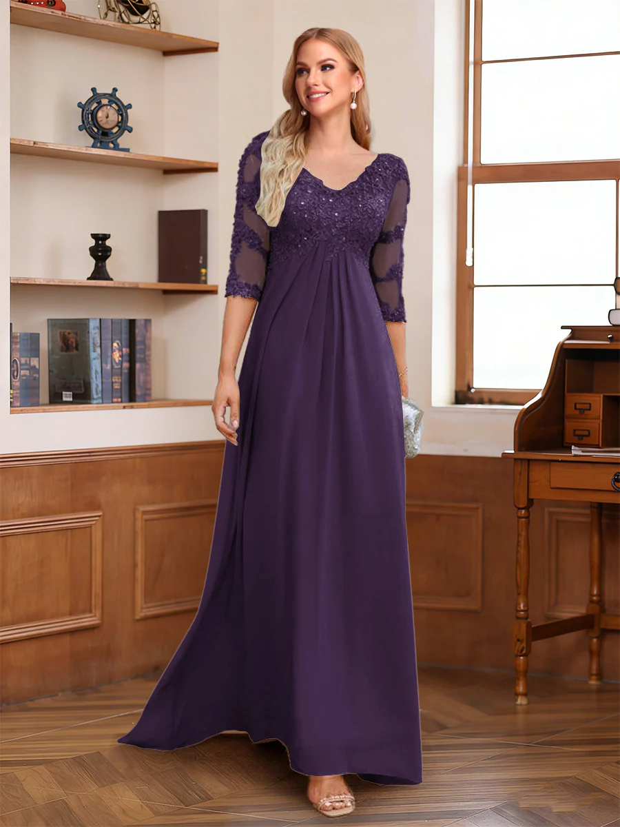 A-Line/Princess V-Neck Half Sleeves Floor-Length Mother of the Bride Dresses with Lace & Sequins - Image 13