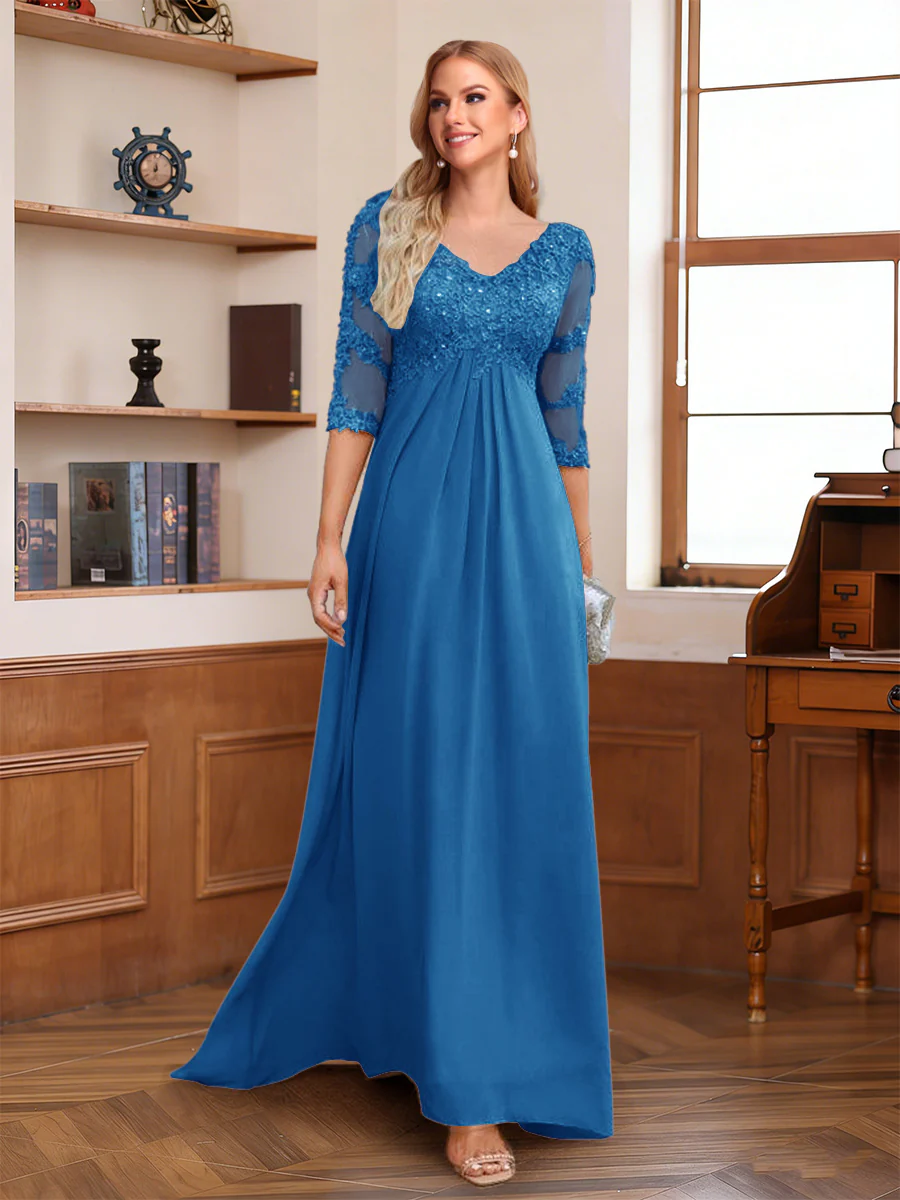 A-Line/Princess V-Neck Half Sleeves Floor-Length Mother of the Bride Dresses with Lace & Sequins - Image 22