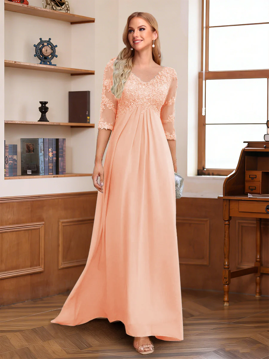 A-Line/Princess V-Neck Half Sleeves Floor-Length Mother of the Bride Dresses with Lace & Sequins - Image 23