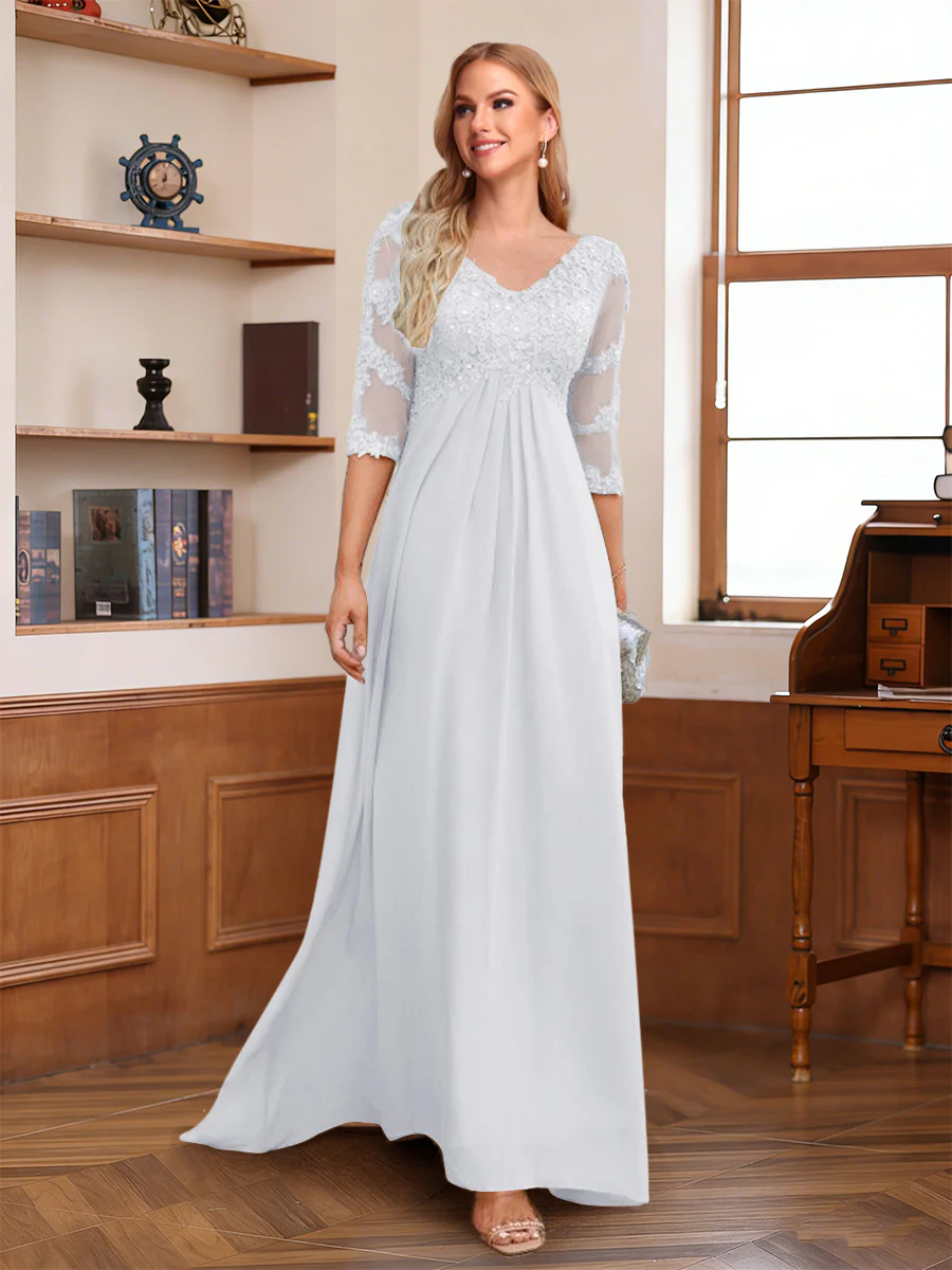 A-Line/Princess V-Neck Half Sleeves Floor-Length Mother of the Bride Dresses with Lace & Sequins - Image 28