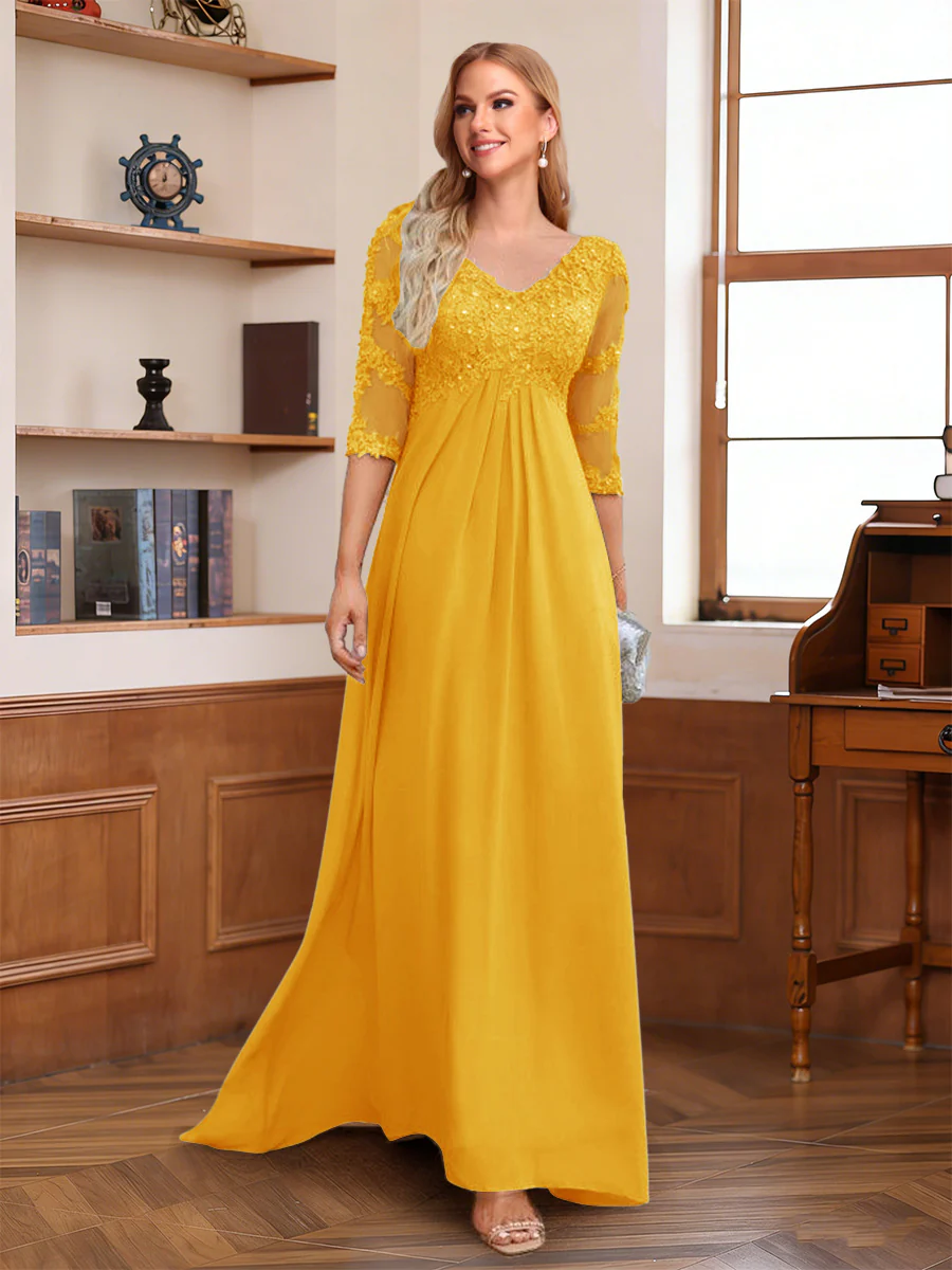 A-Line/Princess V-Neck Half Sleeves Floor-Length Mother of the Bride Dresses with Lace & Sequins - Image 39