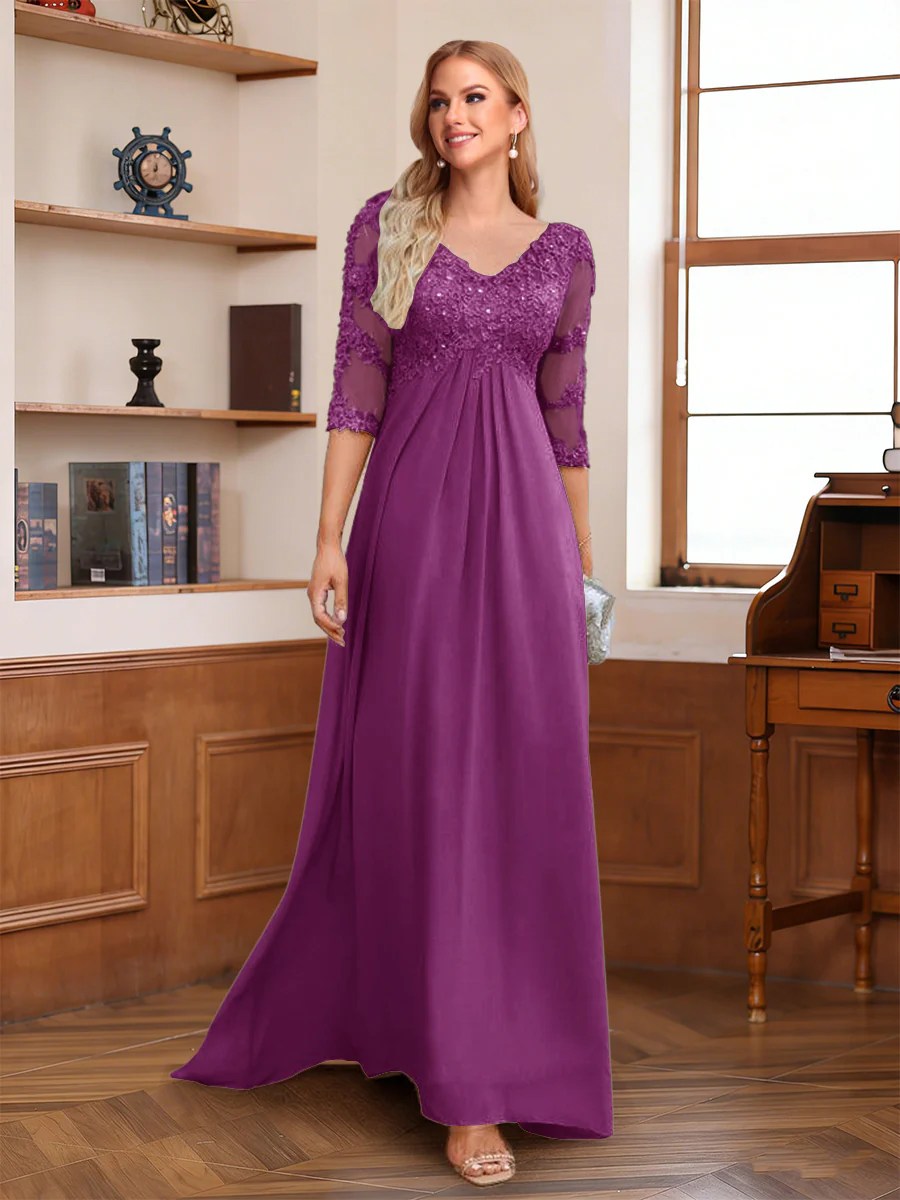 A-Line/Princess V-Neck Half Sleeves Floor-Length Mother of the Bride Dresses with Lace & Sequins - Image 48