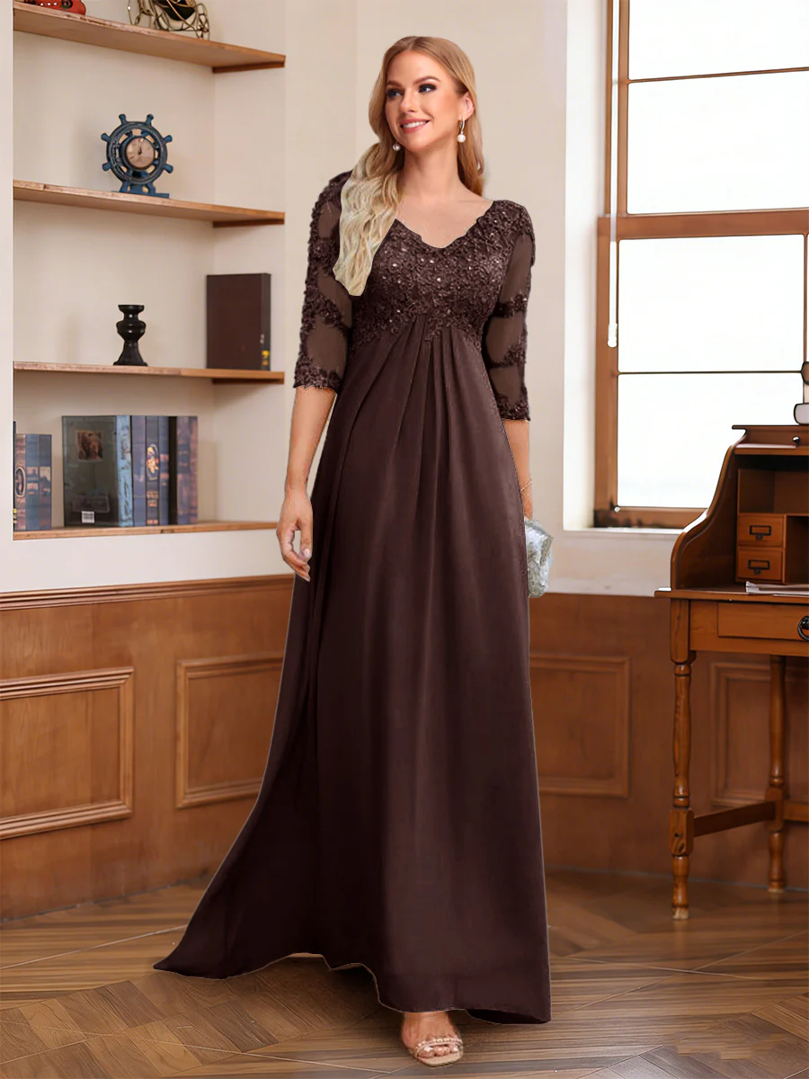 A-Line/Princess V-Neck Half Sleeves Floor-Length Mother of the Bride Dresses with Lace & Sequins - Image 5