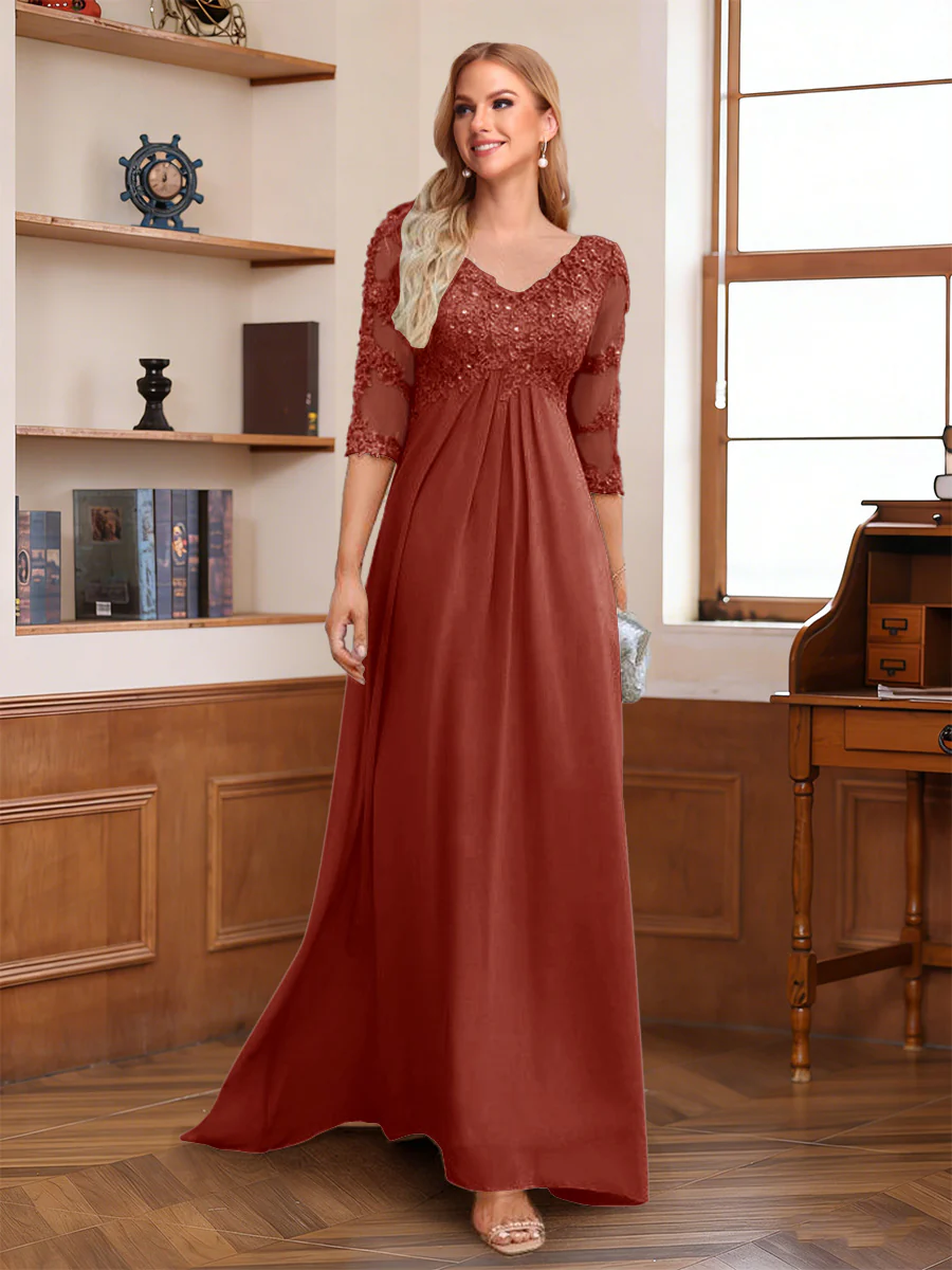 A-Line/Princess V-Neck Half Sleeves Floor-Length Mother of the Bride Dresses with Lace & Sequins - Image 52