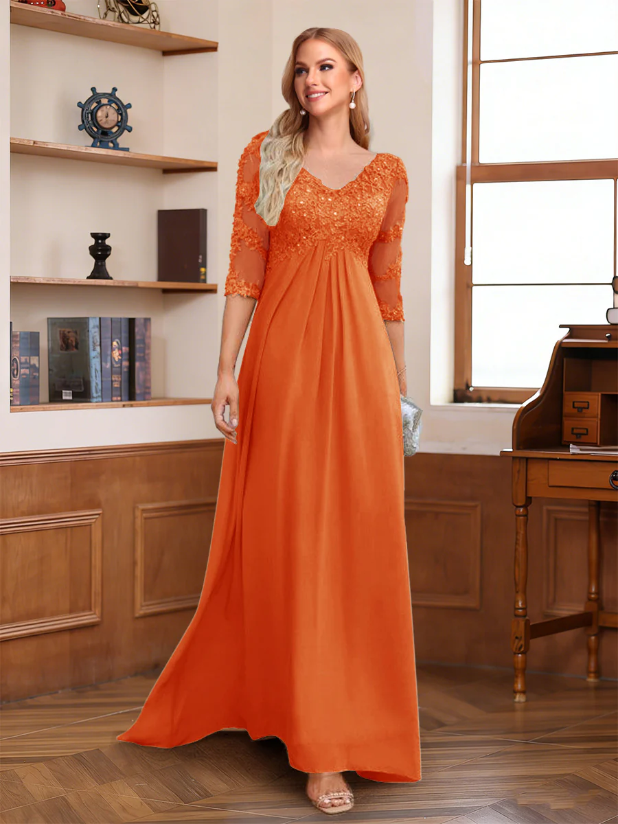 A-Line/Princess V-Neck Half Sleeves Floor-Length Mother of the Bride Dresses with Lace & Sequins - Image 67