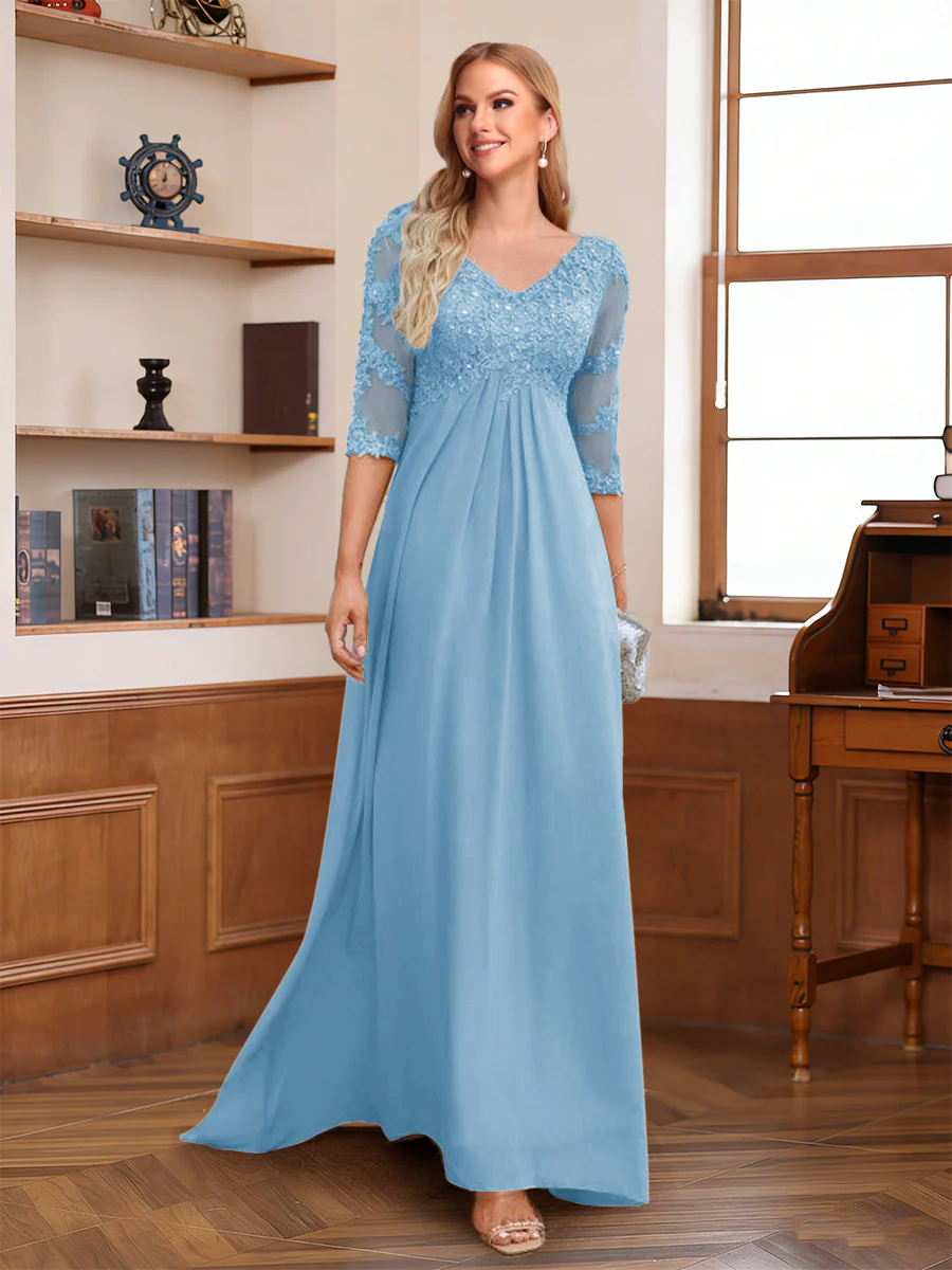 A-Line/Princess V-Neck Half Sleeves Floor-Length Mother of the Bride Dresses with Lace & Sequins - Image 70