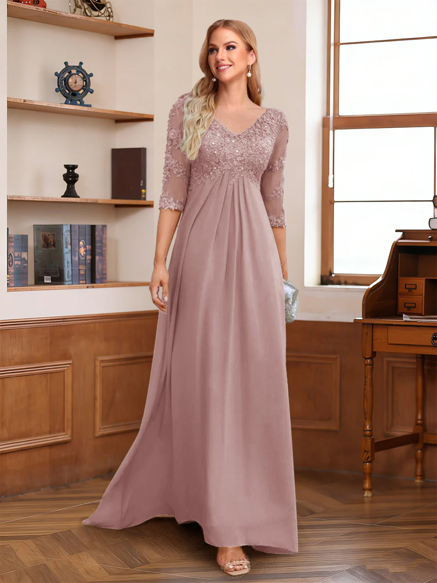 A-Line/Princess V-Neck Half Sleeves Floor-Length Mother of the Bride Dresses with Lace & Sequins - Image 9