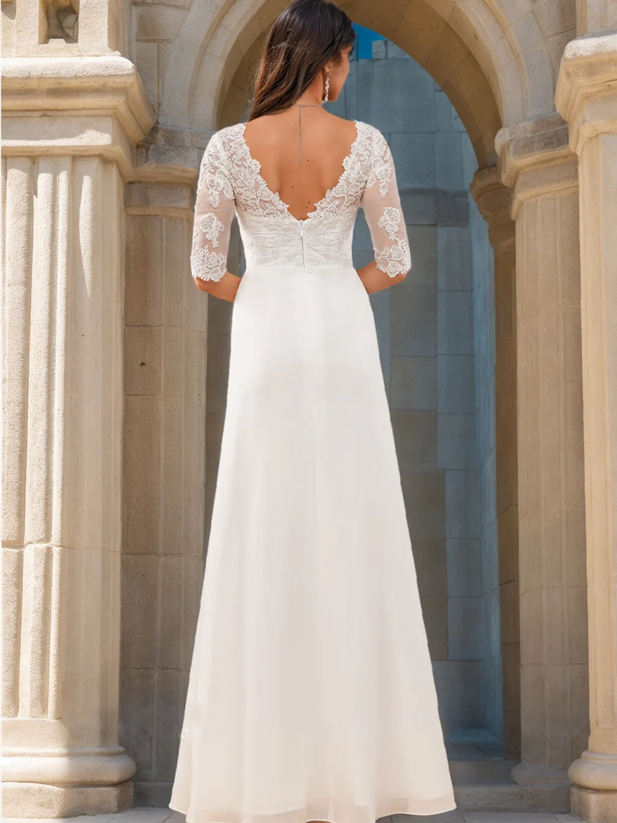 A-Line/Princess V-Neck Half Sleeves Lace Wedding Dresses - Image 2