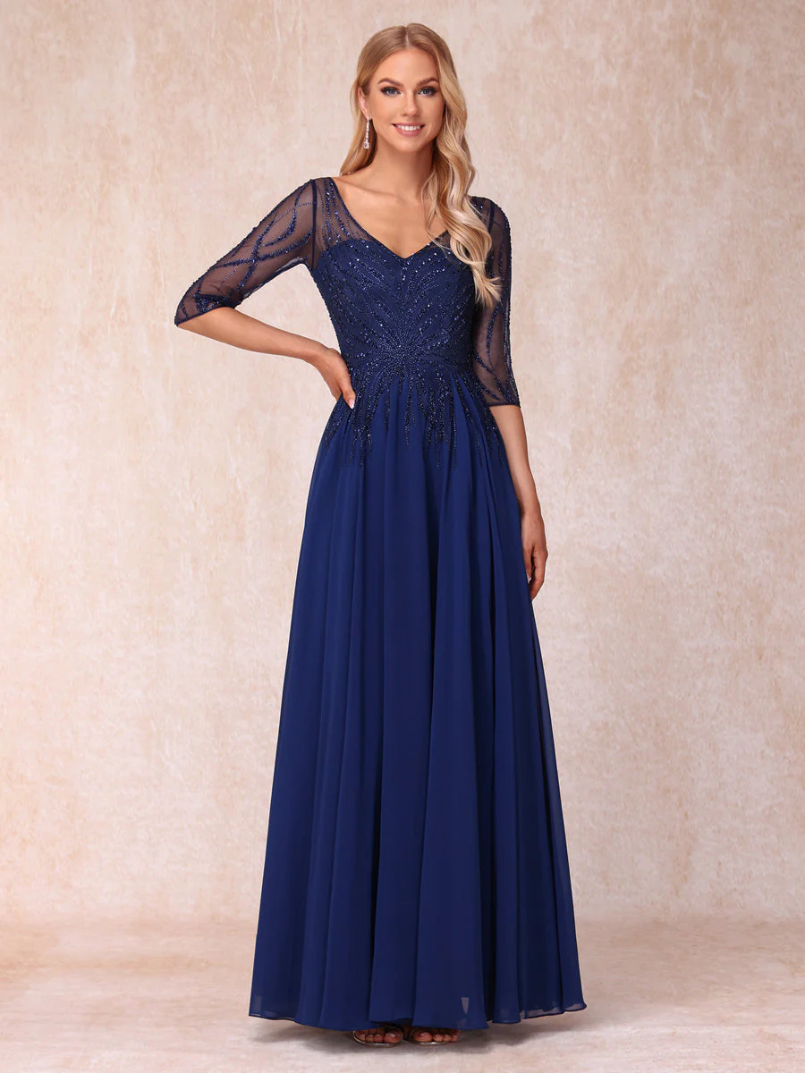 A-Line/Princess V-Neck Half Sleeves Long Formal Evening Dresses with Beading - Image 3
