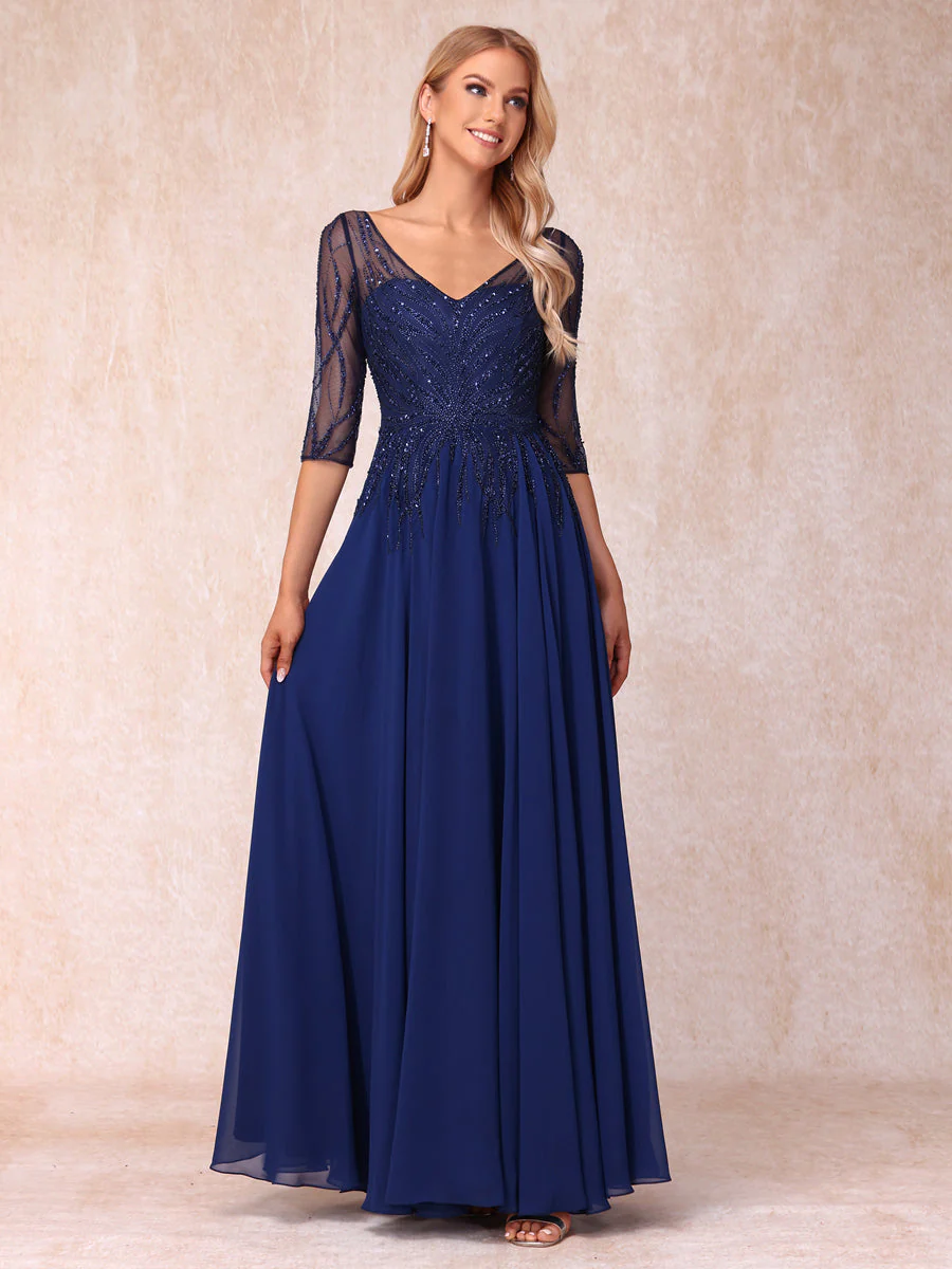 A-Line/Princess V-Neck Half Sleeves Long Formal Evening Dresses with Beading - Image 6