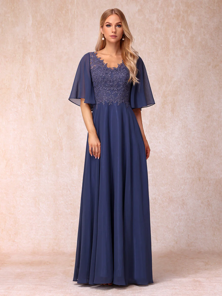 A-Line/Princess V-Neck Half Sleeves Long Formal Evening Dresses with Beading & Appliques - Image 3