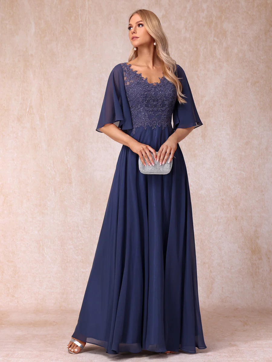 A-Line/Princess V-Neck Half Sleeves Long Formal Evening Dresses with Beading & Appliques - Image 4