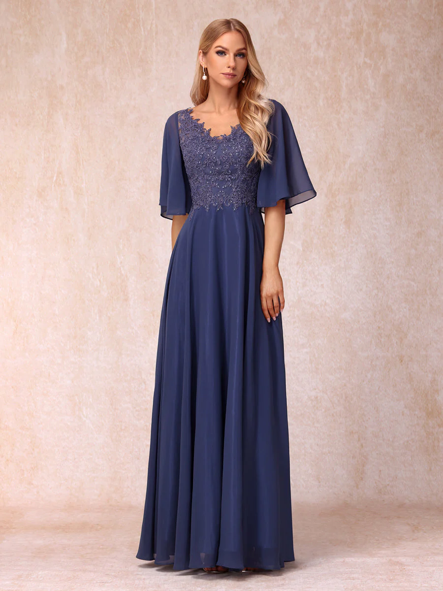 A-Line/Princess V-Neck Half Sleeves Long Formal Evening Dresses with Beading & Appliques - Image 5