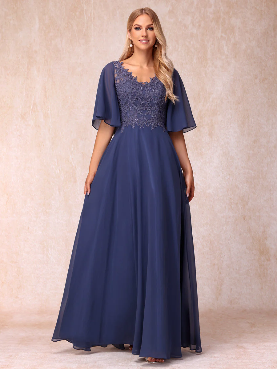 A-Line/Princess V-Neck Half Sleeves Long Formal Evening Dresses with Beading & Appliques - Image 6