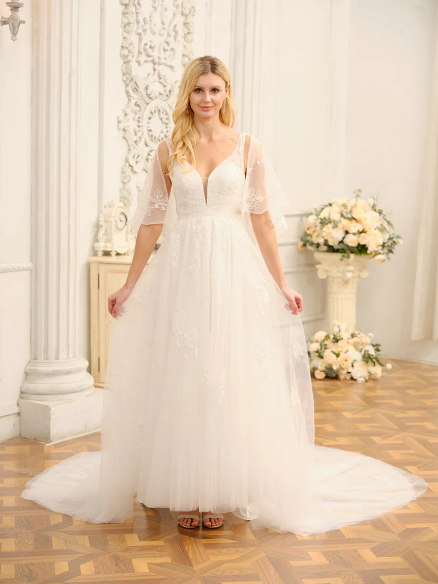 A-Line/Princess V-Neck Half Sleeves Long Wedding Dresses with Appliques - Image 3
