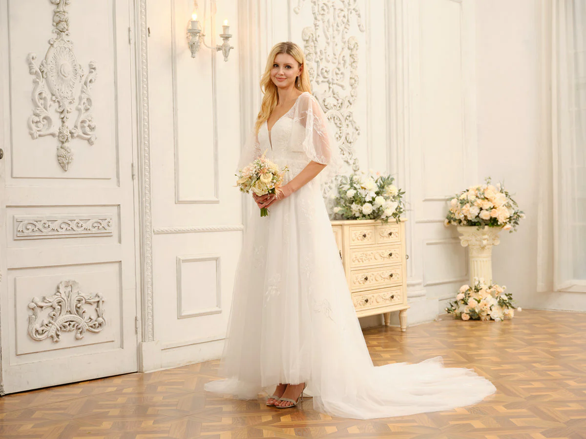 A-Line/Princess V-Neck Half Sleeves Long Wedding Dresses with Appliques - Image 4