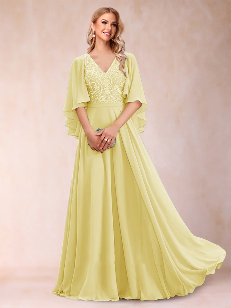 A-Line/Princess V-Neck Half Sleeves Mother of the Bride Dresses with Applique - Image 12