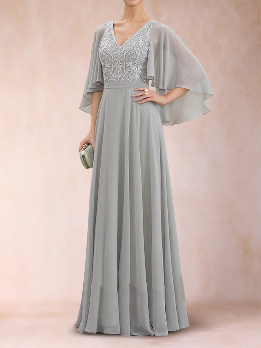 A-Line/Princess V-Neck Half Sleeves Mother of the Bride Dresses with Applique - Image 4