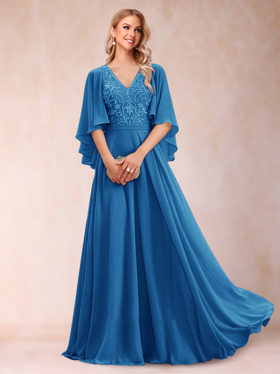 A-Line/Princess V-Neck Half Sleeves Mother of the Bride Dresses with Applique - Image 43