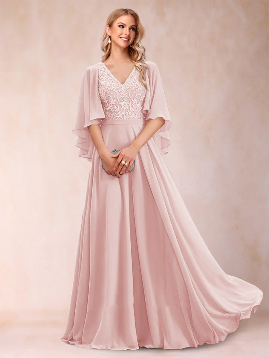 A-Line/Princess V-Neck Half Sleeves Mother of the Bride Dresses with Applique - Image 49