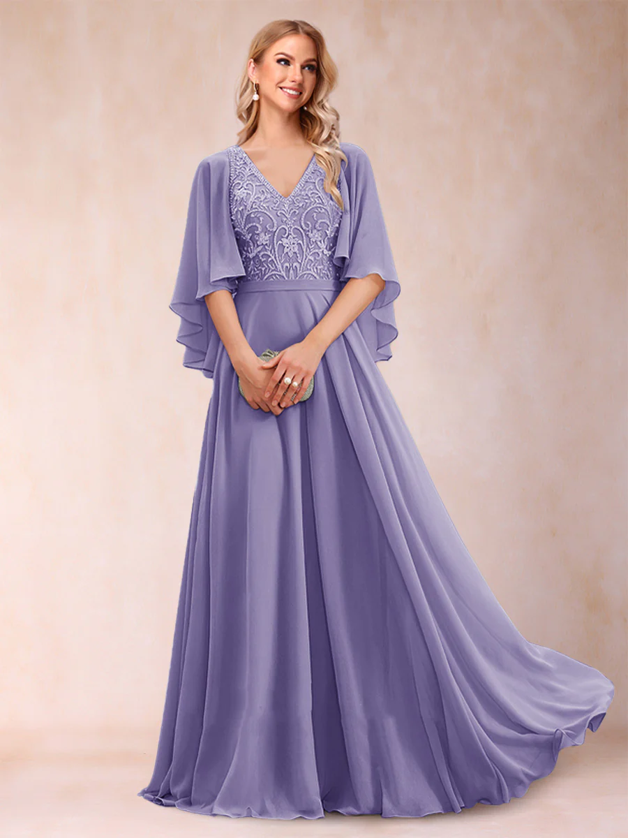 A-Line/Princess V-Neck Half Sleeves Mother of the Bride Dresses with Applique - Image 64