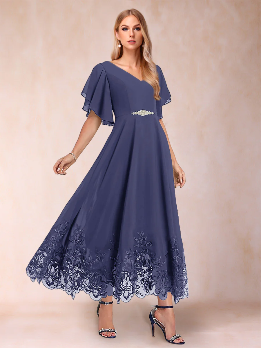 A-Line/Princess V-Neck Half Sleeves Mother of the Bride Dresses with Applique - Image 21