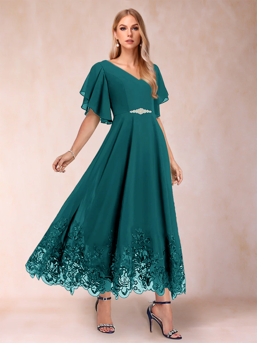 A-Line/Princess V-Neck Half Sleeves Mother of the Bride Dresses with Applique - Image 23