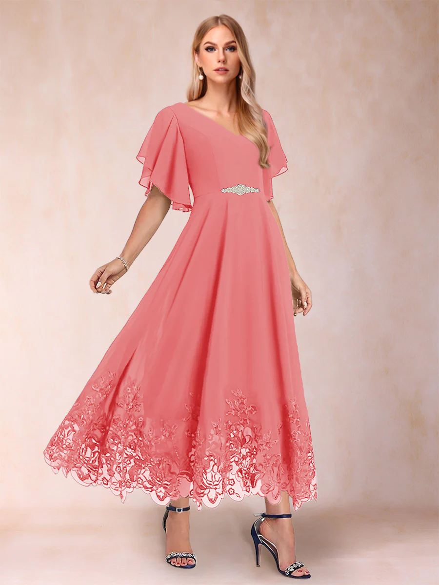 A-Line/Princess V-Neck Half Sleeves Mother of the Bride Dresses with Applique - Image 25