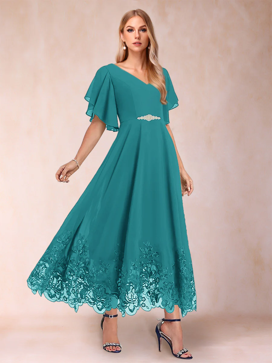 A-Line/Princess V-Neck Half Sleeves Mother of the Bride Dresses with Applique - Image 44