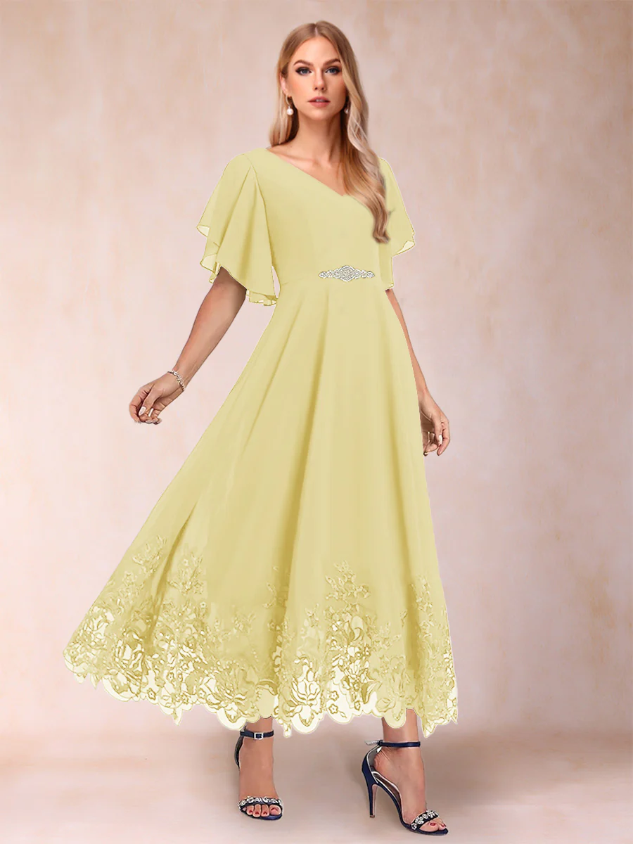 A-Line/Princess V-Neck Half Sleeves Mother of the Bride Dresses with Applique - Image 6