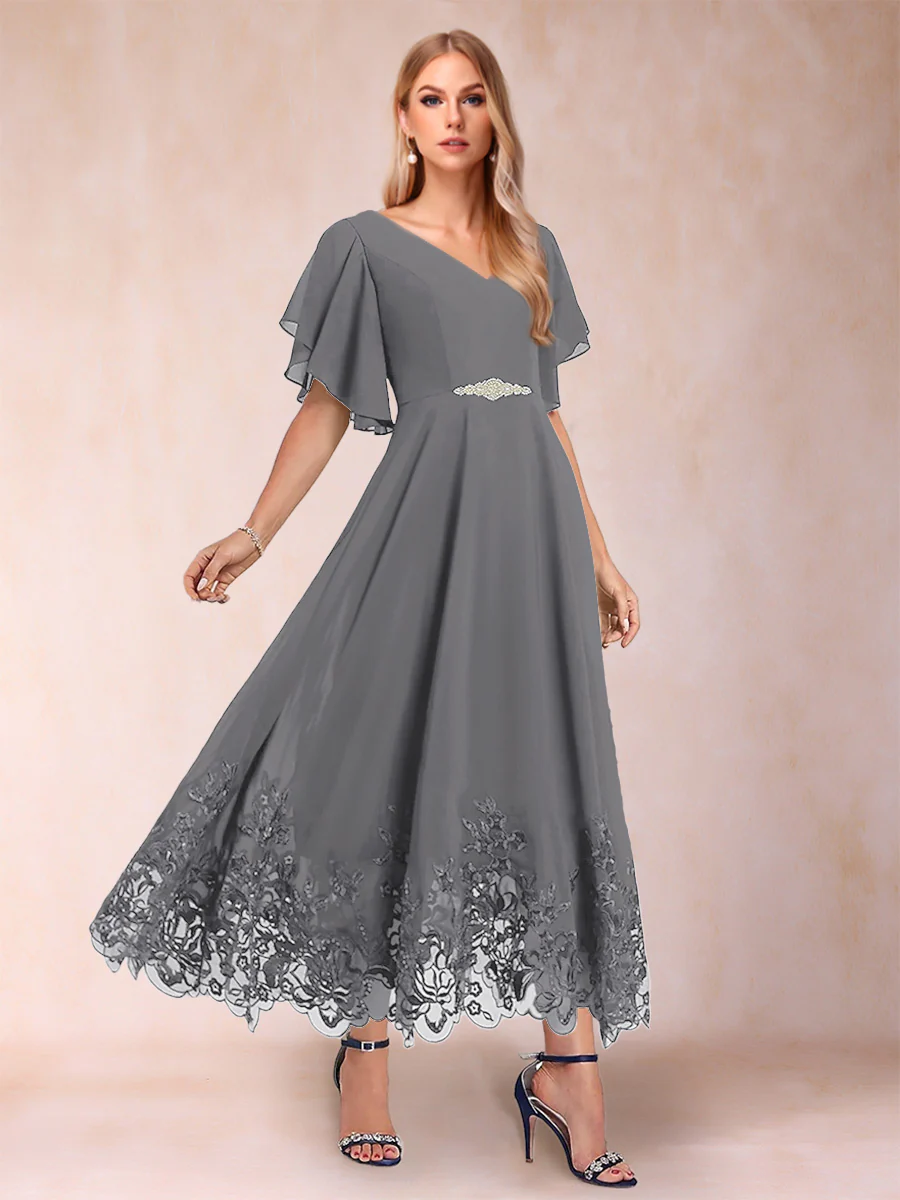 A-Line/Princess V-Neck Half Sleeves Mother of the Bride Dresses with Applique - Image 69
