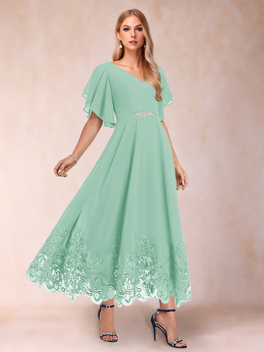 A-Line/Princess V-Neck Half Sleeves Mother of the Bride Dresses with Applique - Image 70