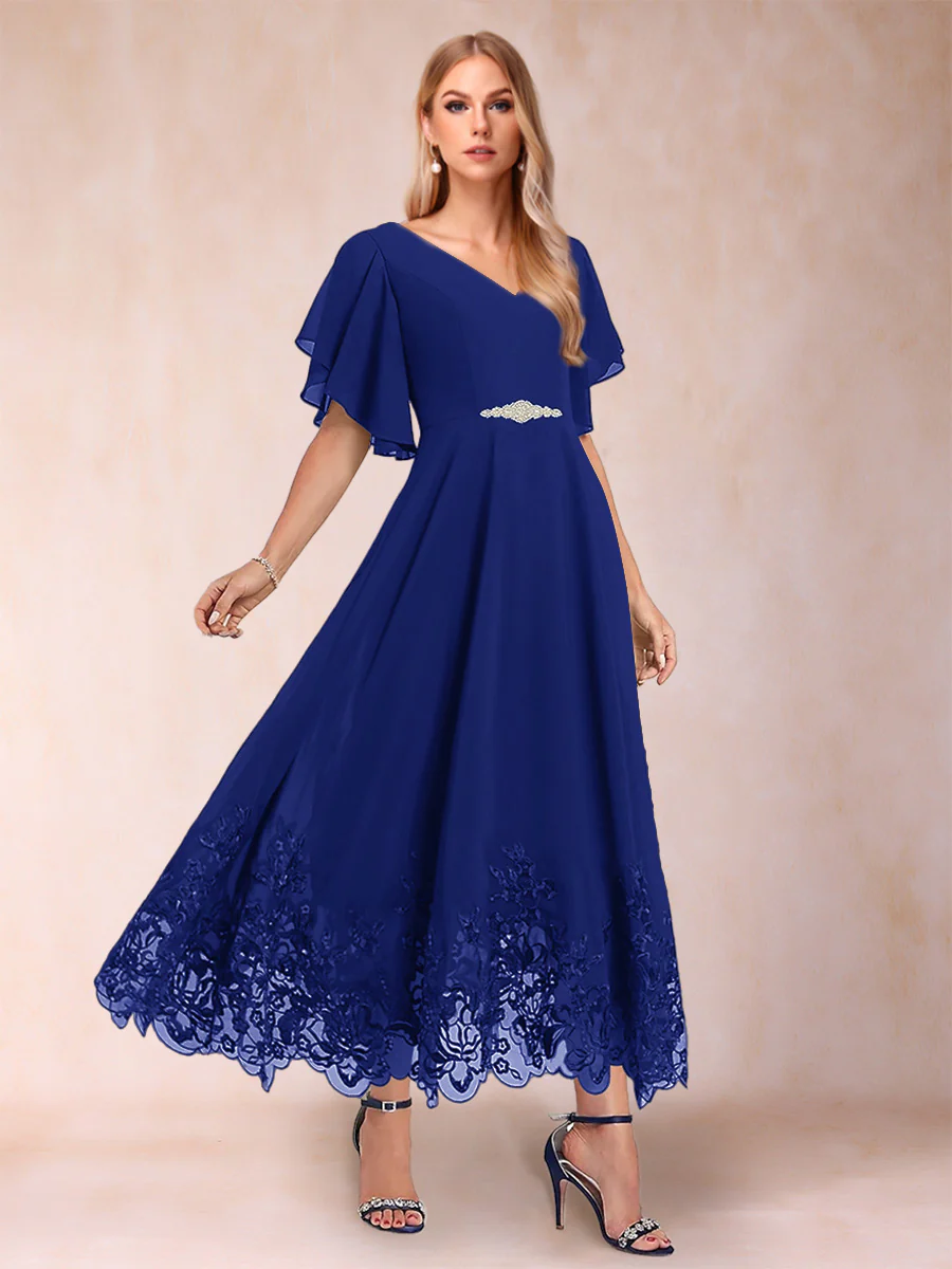 A-Line/Princess V-Neck Half Sleeves Mother of the Bride Dresses with Applique - Image 71