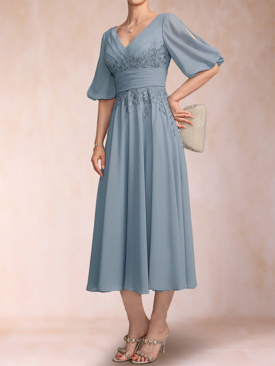 A-Line/Princess V-Neck Half Sleeves Mother of the Bride Dresses with Applique - Image 4