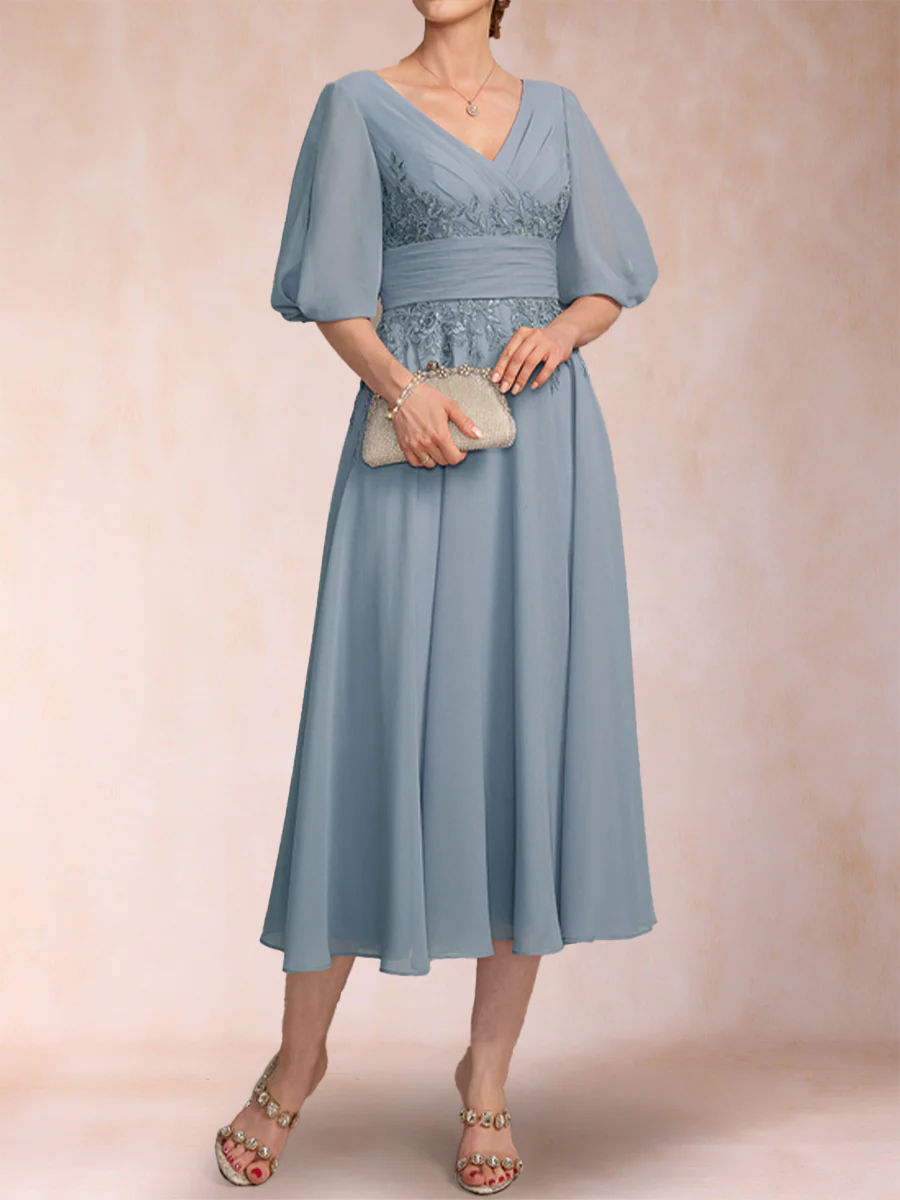 A-Line/Princess V-Neck Half Sleeves Mother of the Bride Dresses with Applique - Image 5