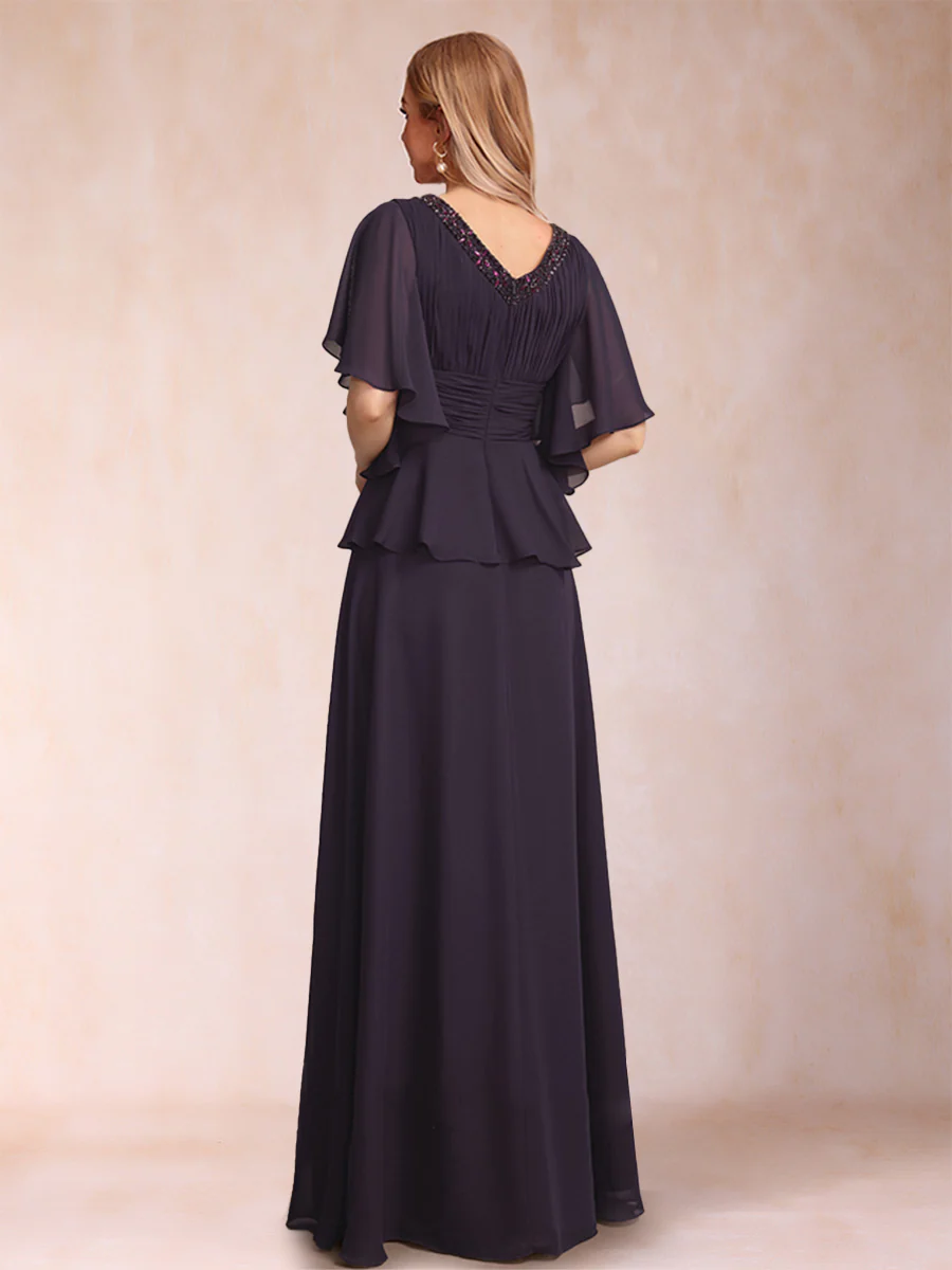 A-Line/Princess V-Neck Half Sleeves Mother of the Bride Dresses with Beading - Image 2