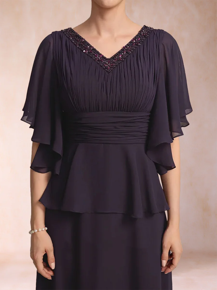 A-Line/Princess V-Neck Half Sleeves Mother of the Bride Dresses with Beading - Image 5