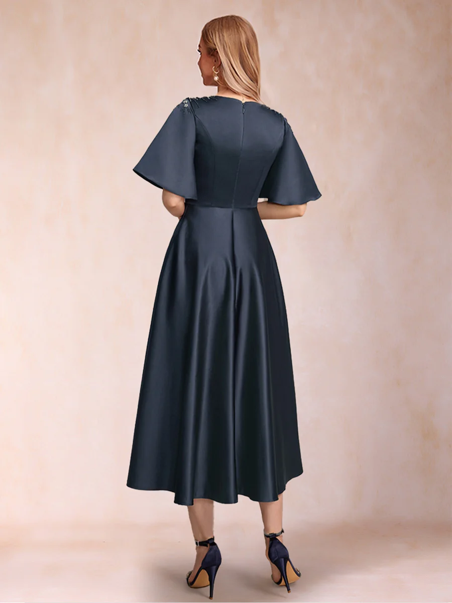 A-Line/Princess V-Neck Half Sleeves Mother of the Bride Dresses with Rhinestones - Image 2