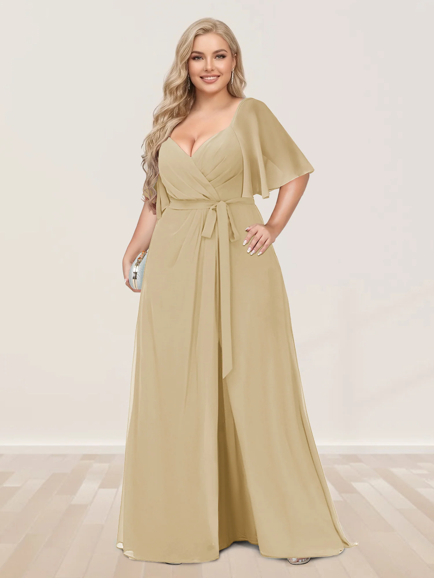 A-Line/Princess V-Neck Half Sleeves Plus Size Bridesmaid Dresses with Split Side - Image 19