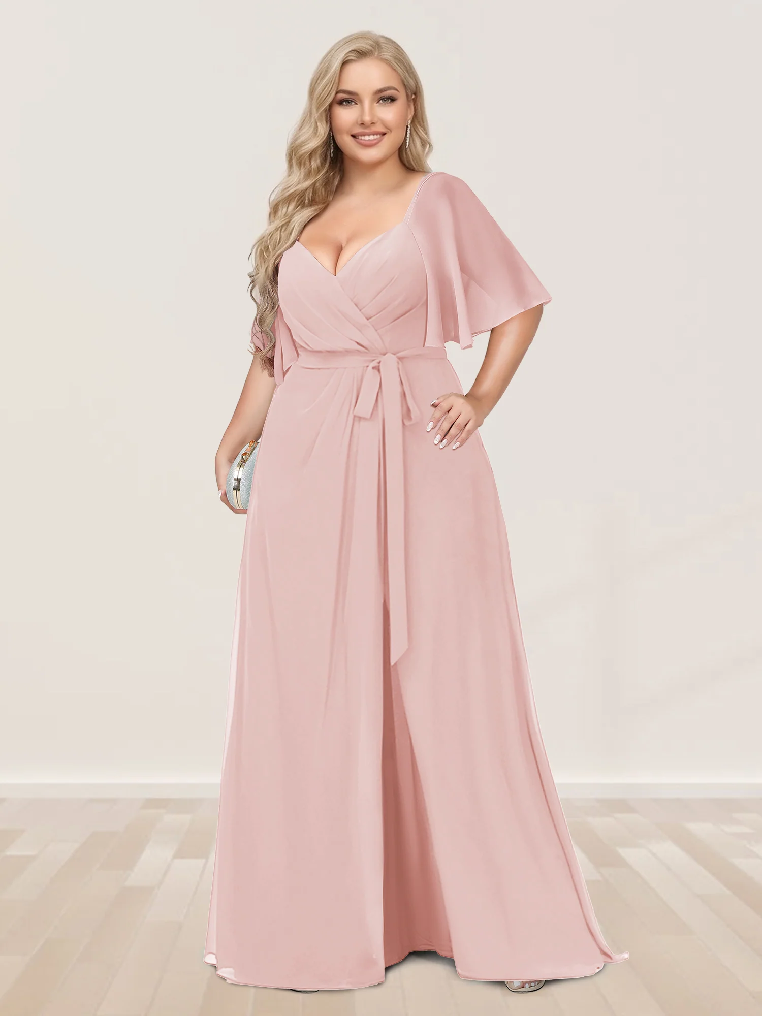 A-Line/Princess V-Neck Half Sleeves Plus Size Bridesmaid Dresses with Split Side - Image 21