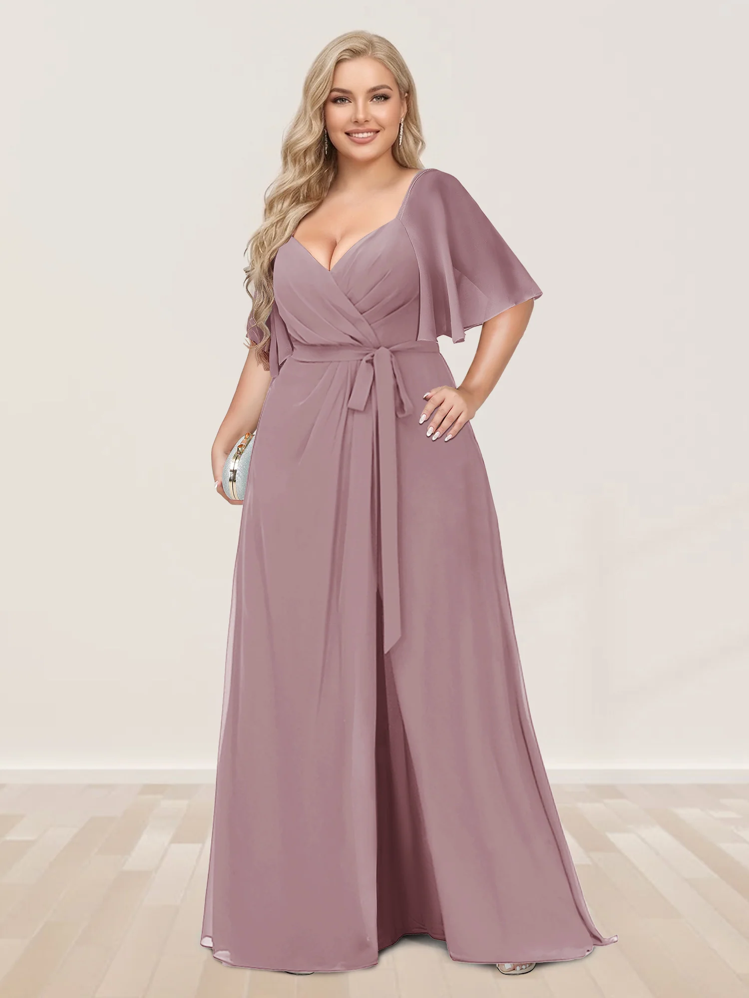 A-Line/Princess V-Neck Half Sleeves Plus Size Bridesmaid Dresses with Split Side - Image 25