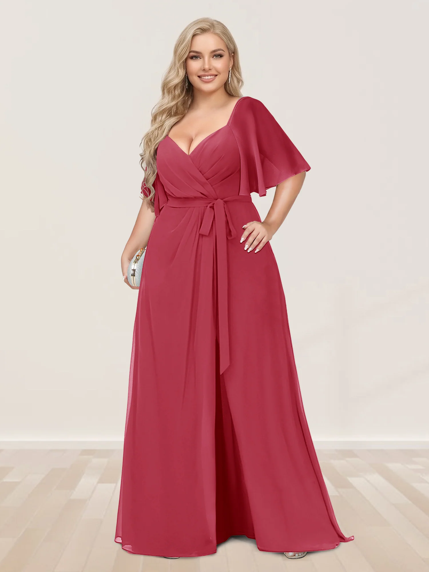 A-Line/Princess V-Neck Half Sleeves Plus Size Bridesmaid Dresses with Split Side - Image 29