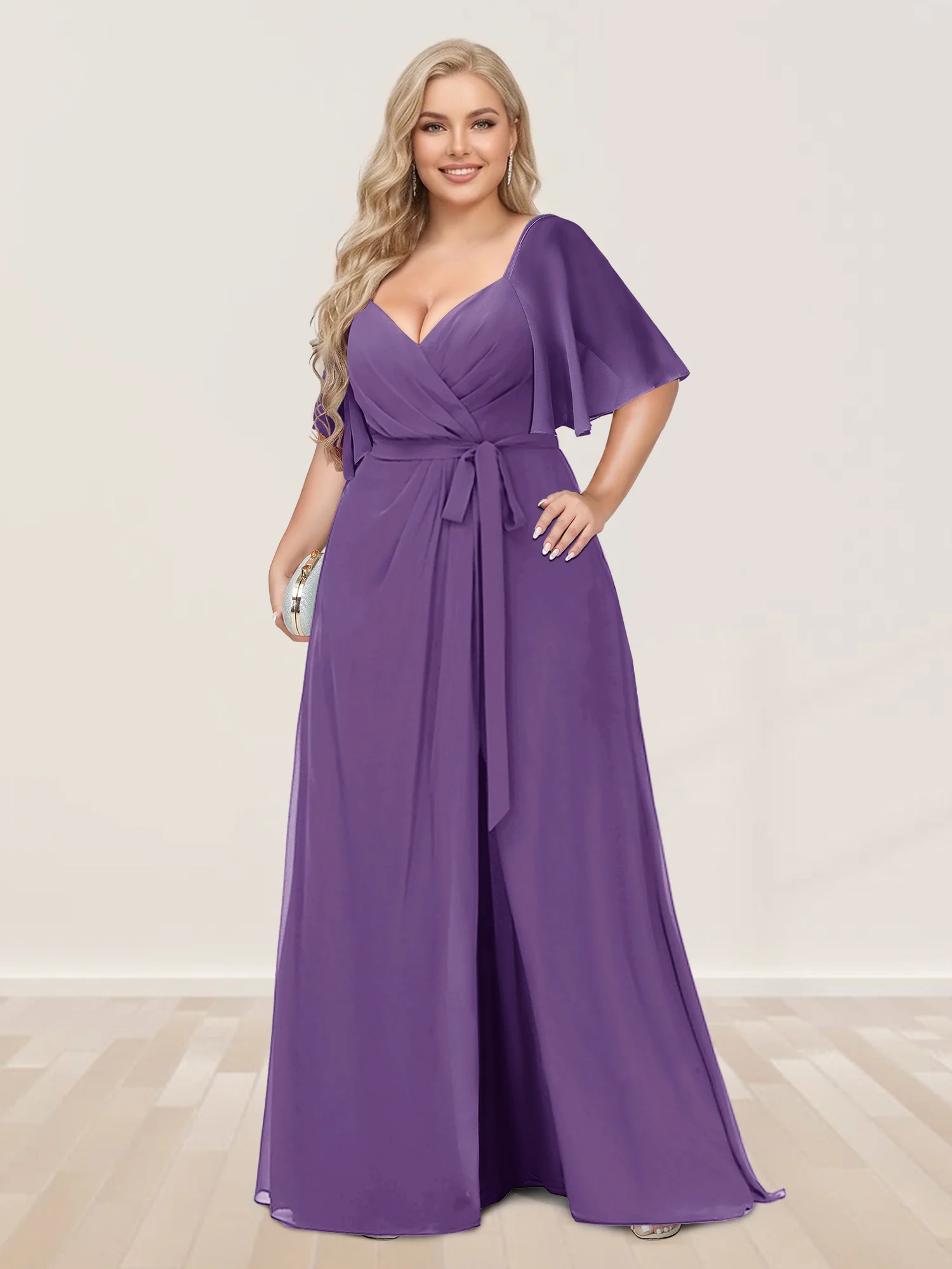 A-Line/Princess V-Neck Half Sleeves Plus Size Bridesmaid Dresses with Split Side - Image 37